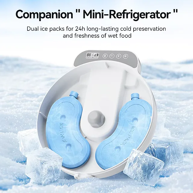 Automatic Cat Feeder for Wet Food, 4-Meal Timed Pet Feeder with Ice Packs to Keep Food Fresh, Cordless LCD Timer Feeder