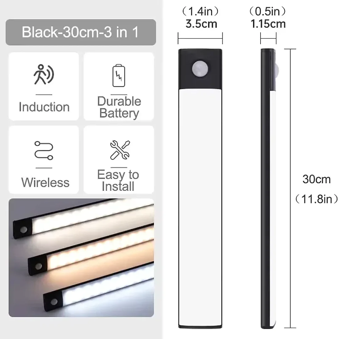 Ultra Slim Under Cabinet Lighting, Battery Operated Rechargeable Motion Sensor LED Bar with Magnetic Mount, 3 Colors & Dimming, USB-C