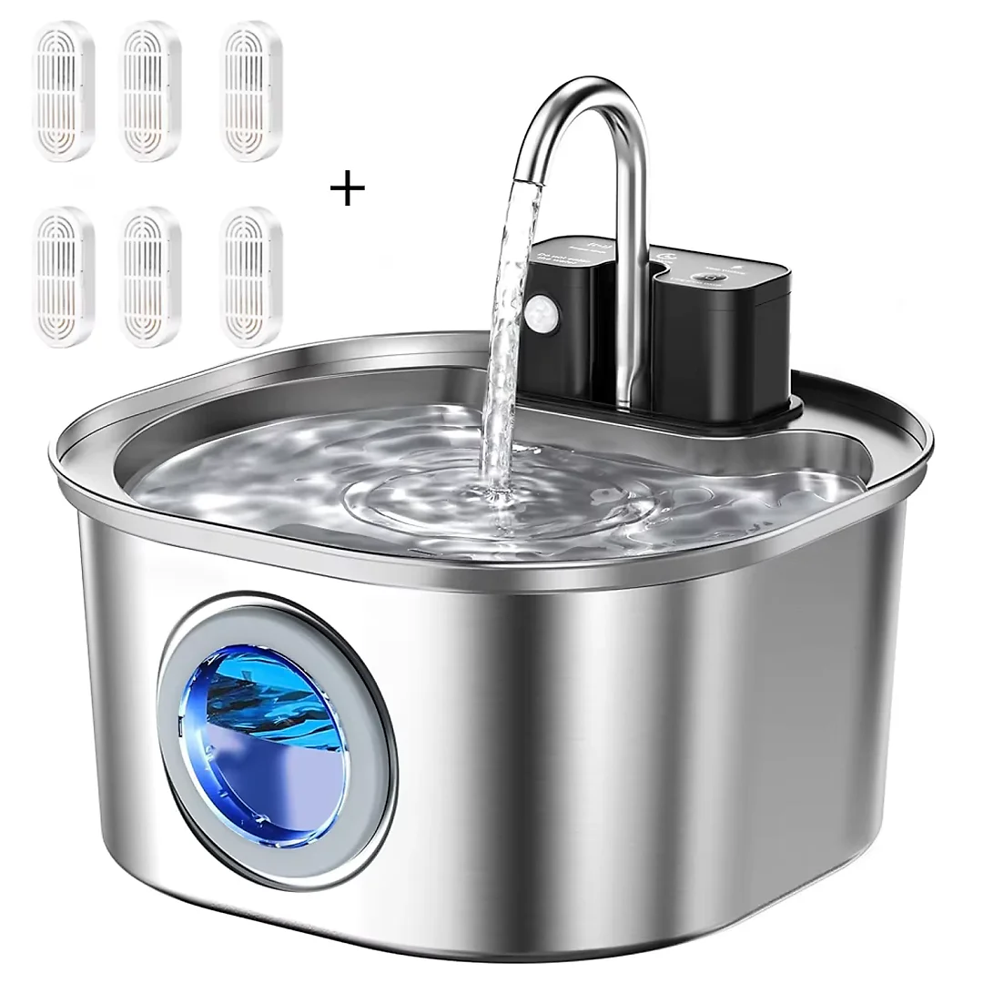 Wireless Cat Water Fountain 3L, Battery Operated Stainless Steel Pet Fountain with Motion Sensor, Cordless Cat Fountain for Any Room