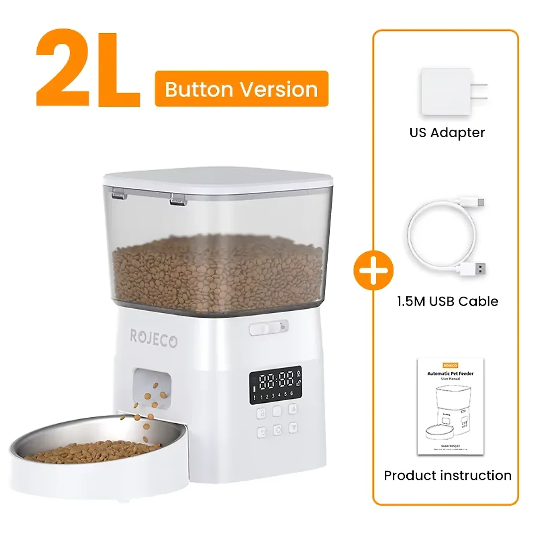 Automatic Cat Feeder 2L, Timed Dry Food Dispenser with LCD Screen & Portion Control, Button Programming, US Plug