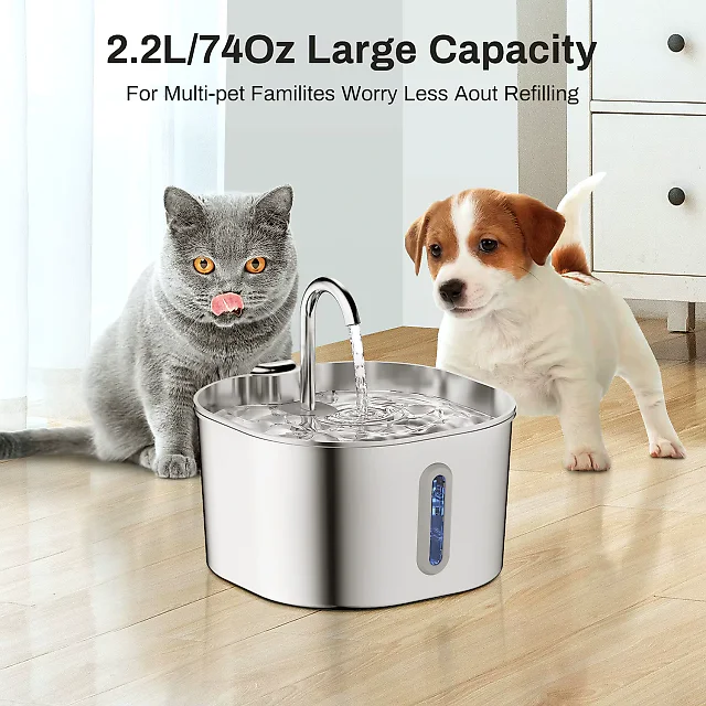 Cat Water Fountain Stainless Steel 2.2L, Motion Sensor Pet Water Fountain for Cats & Dogs with Water Level Window & 4 Filters