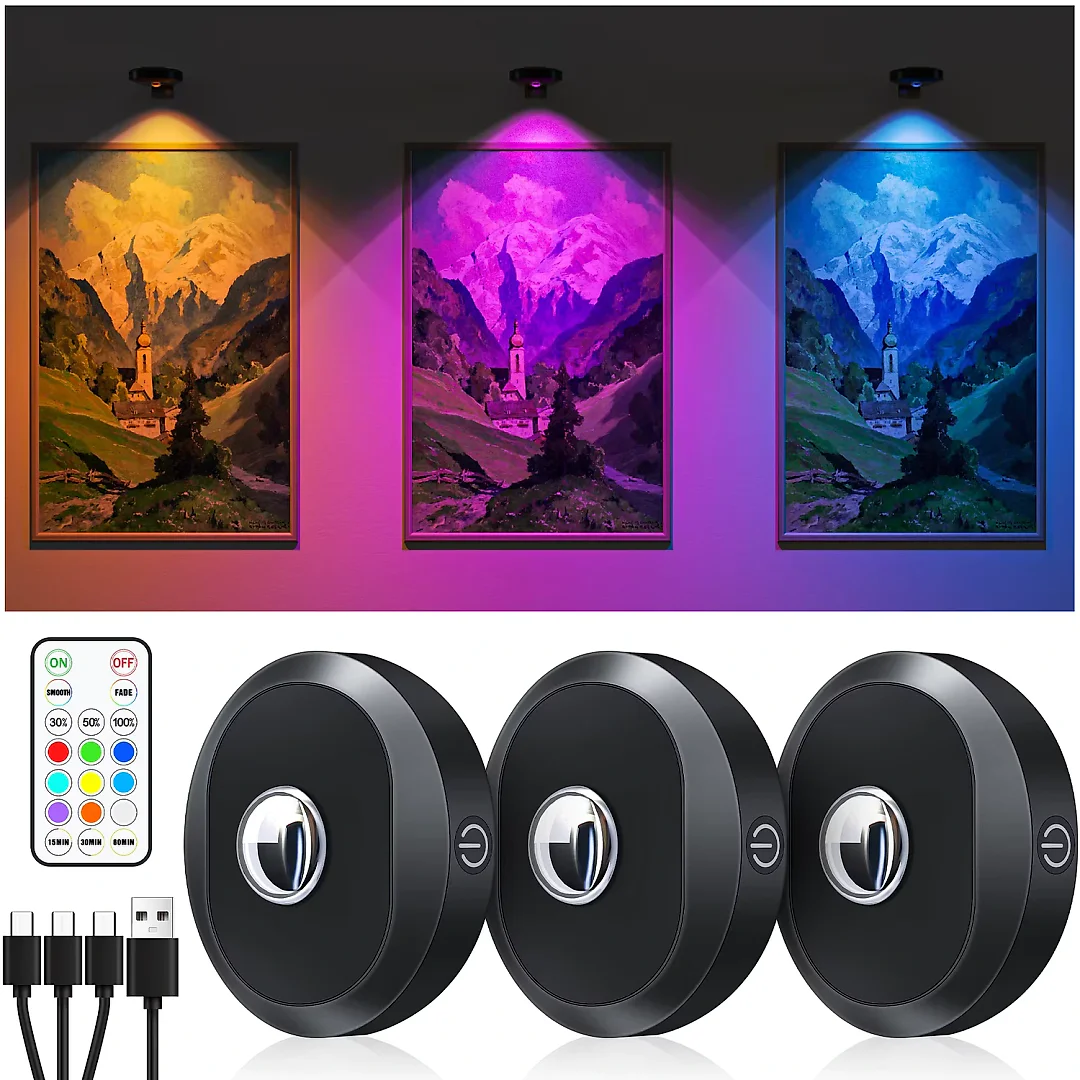 Rechargeable Puck Lights with Remote, Wireless RGB LED Under Cabinet Lighting with Timer & Touch Control, Stick-On Closet Lights, 3 or 6-Pack