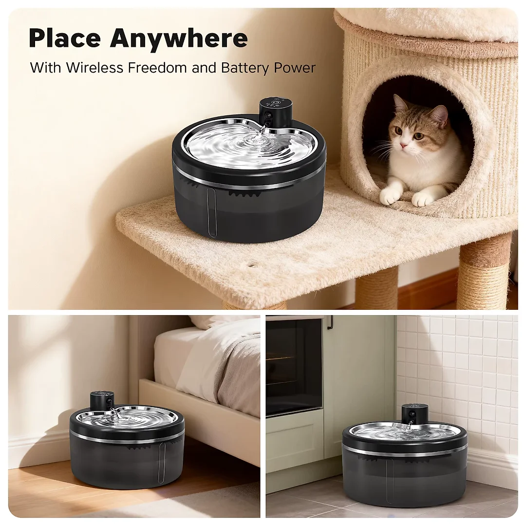 Cordless Cat Water Fountain 3L, 4000mAh Battery Pet Fountain with Motion Sensor & Stainless Steel Tray, Ultra-Quiet, Black