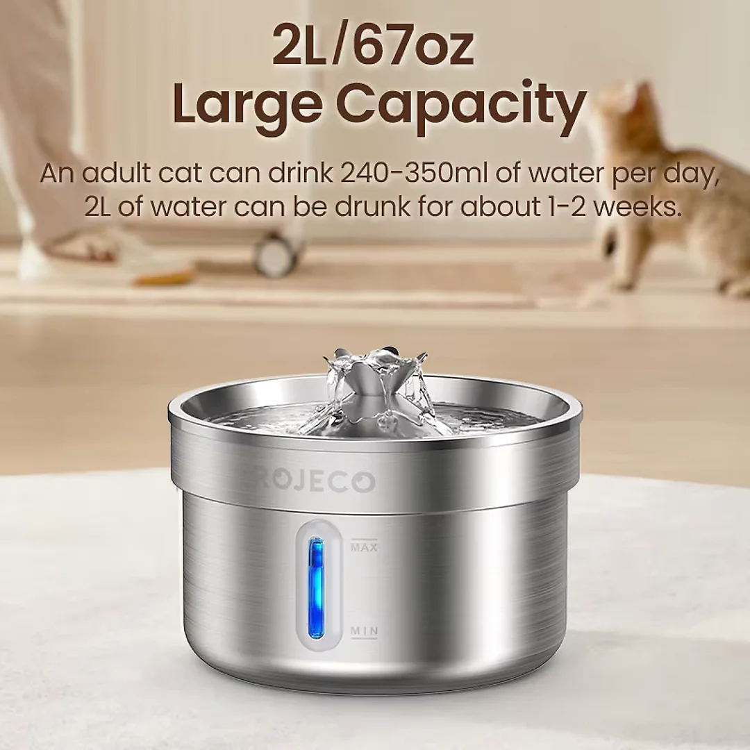 Cat Water Fountain Stainless Steel with US Adapter, Quiet Pet Water Fountain for Cats & Dogs, 2L or 4L