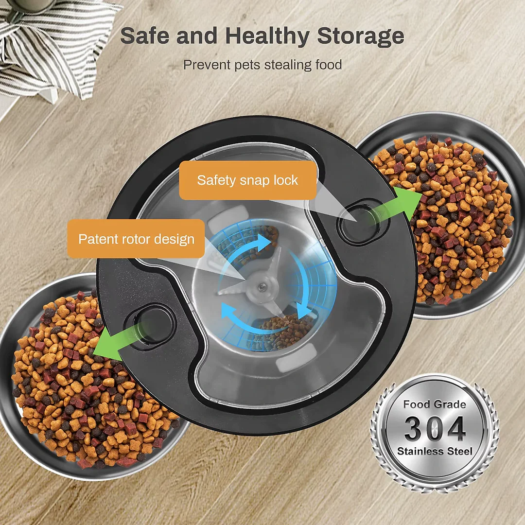 Automatic Cat Feeder for 2 Cats, 4.5L Pet Food Dispenser with Two Stainless Steel Bowls, Wi-Fi App or Button Control