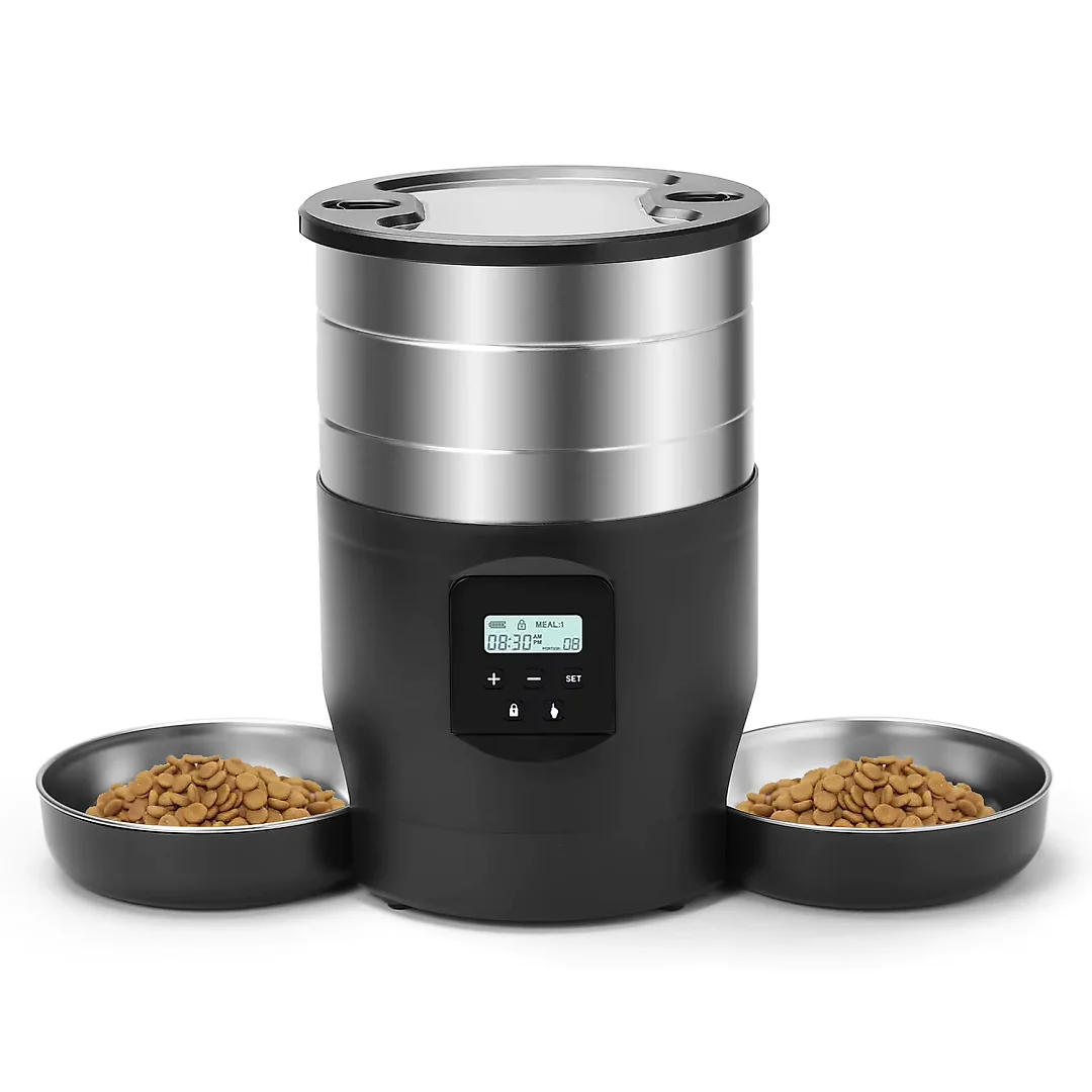 Automatic Cat Feeder for 2 Cats, 4.5L Pet Food Dispenser with Two Stainless Steel Bowls, Wi-Fi App or Button Control