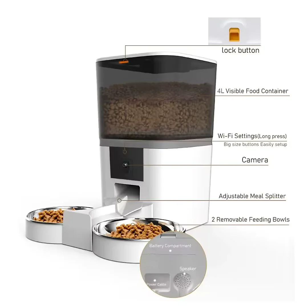 Automatic Cat Feeder with Camera, 4L Smart Pet Feeder with HD Video, App Remote Feeding & Stainless Steel Bowl, White