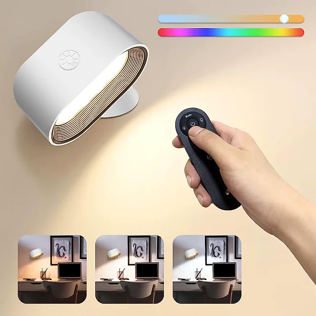 RGB Wall Light with Remote, Rechargeable Battery Operated LED Wall Sconce, 360 Degree Rotating Color Changing Night Light, White