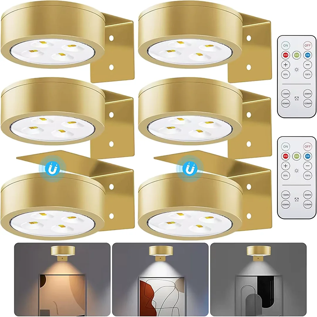 Battery Operated Picture Lights with Remote, Magnetic LED Puck Art Spotlights, Dimmable with Timer & 3 Color Modes, 3-Pack or 6-Pack