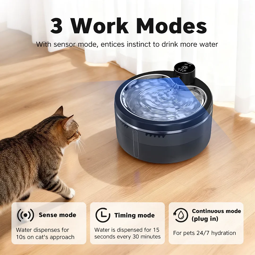 Cordless Cat Water Fountain 3L, 4000mAh Battery Pet Fountain with Motion Sensor & Stainless Steel Tray, Ultra-Quiet, Black