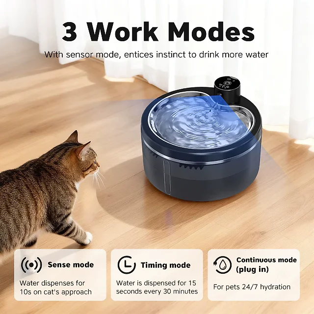 Cordless Cat Water Fountain 3L, 4000mAh Battery Pet Fountain with Motion Sensor & Stainless Steel Tray, Ultra-Quiet, Black