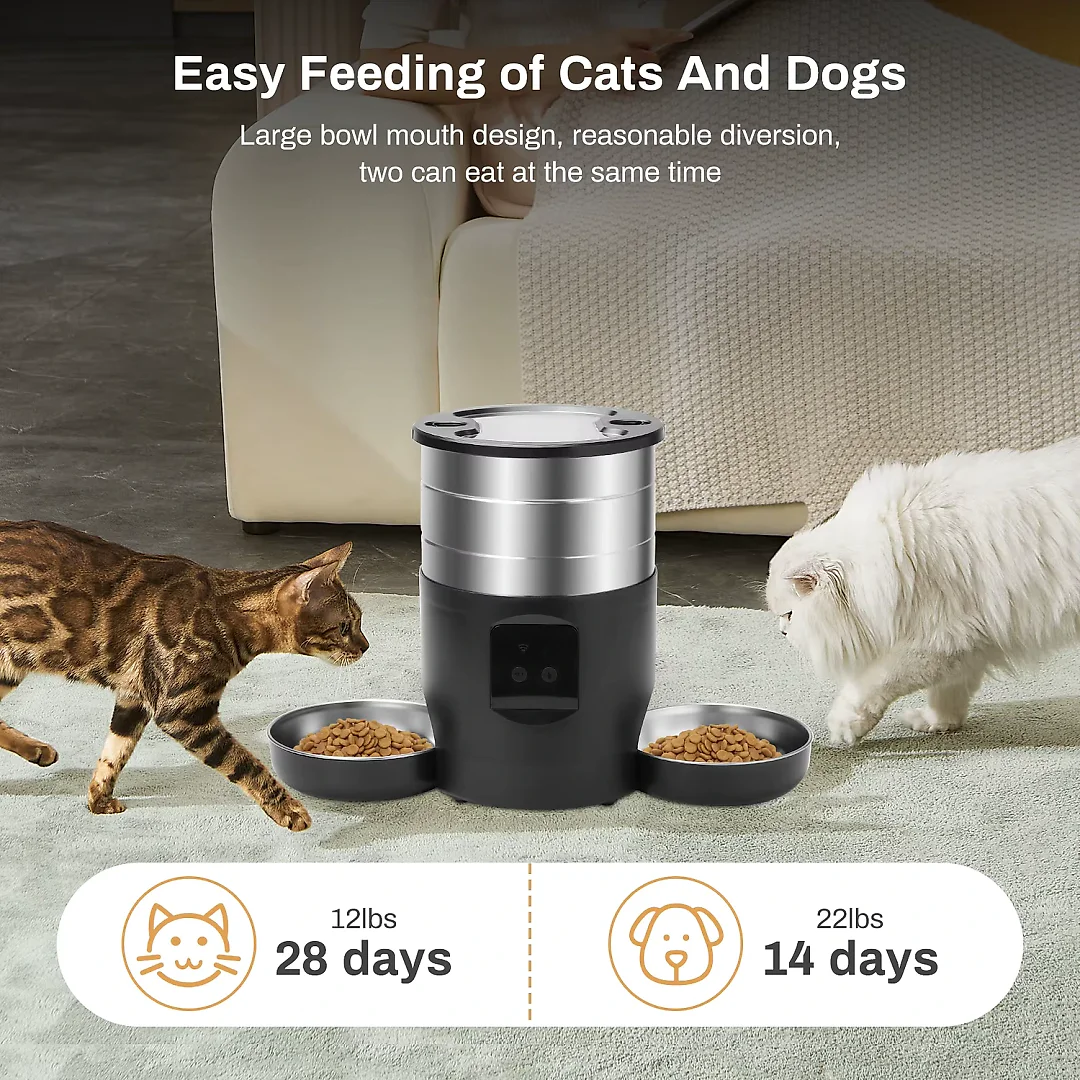 Automatic Cat Feeder for 2 Cats, 4.5L Pet Food Dispenser with Two Stainless Steel Bowls, Wi-Fi App or Button Control