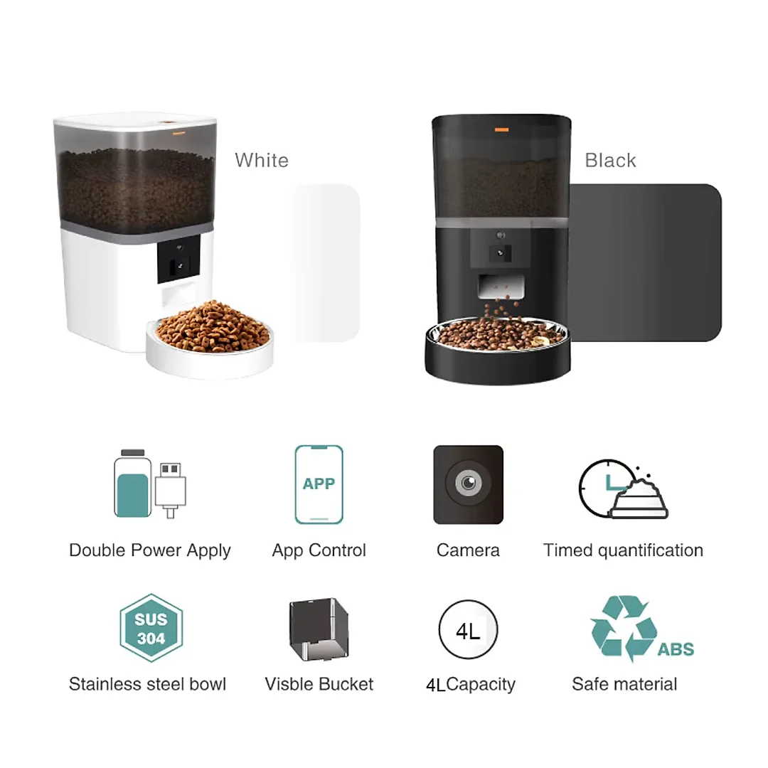 Automatic Cat Feeder with Camera, 4L Smart Pet Feeder with HD Video, App Remote Feeding & Stainless Steel Bowl, White