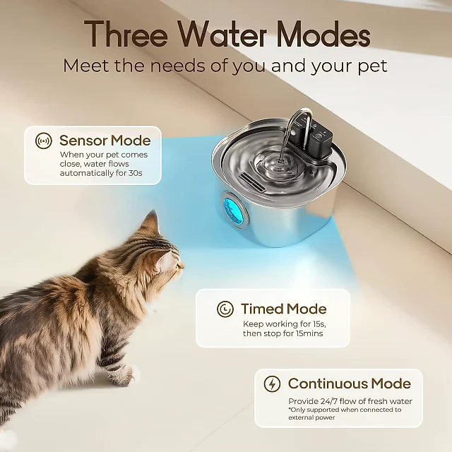 Wireless Cat Water Fountain 3L, Battery Operated Stainless Steel Pet Fountain with Motion Sensor, Cordless Cat Fountain for Any Room