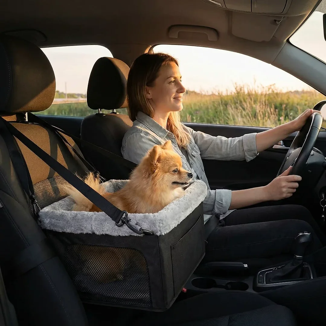 Elevated Dog Car Seat for Small Dogs, Console Booster Seat with Metal Frame & Removable Washable Cover, Portable Pet Travel Bed