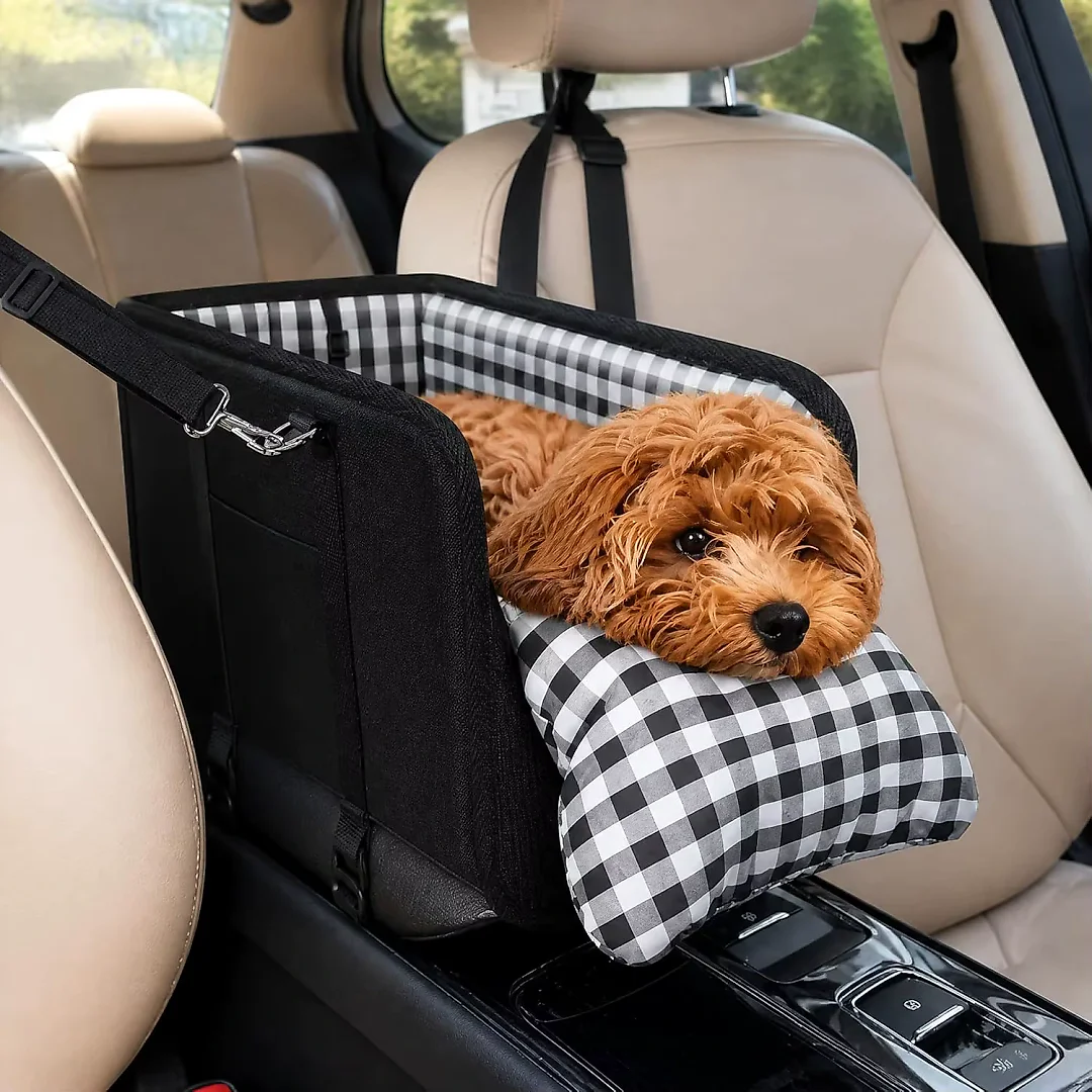 Dog Car Seat for Small Dogs, Center Console Dog Seat with Safety Leash, Soft Cushion & Adjustable Straps, Portable Pet Booster, Black