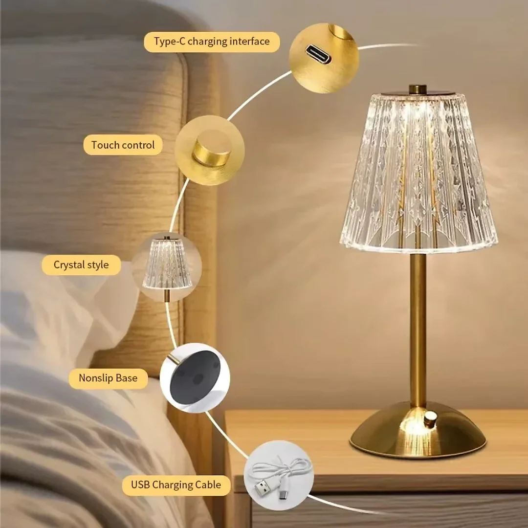 Crystal Table Lamp, Rechargeable Cordless LED Touch Lamp with Crystal-Effect Shade, Battery Operated Gold Bedside Night Light
