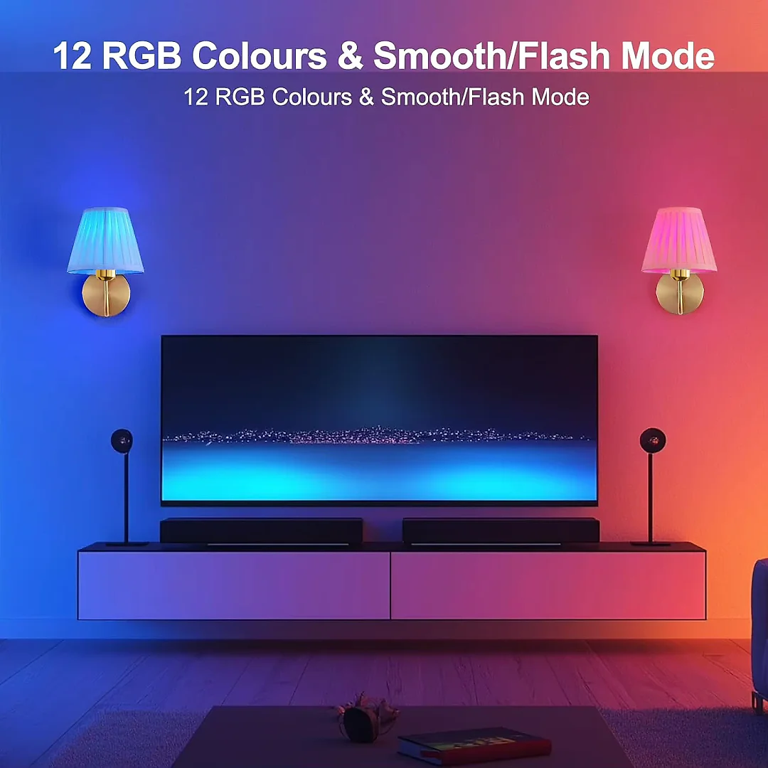 Battery Operated Wall Sconce with Remote, Pleated Shade Rechargeable LED Wall Light, Dimmable with Timer & RGB Colors