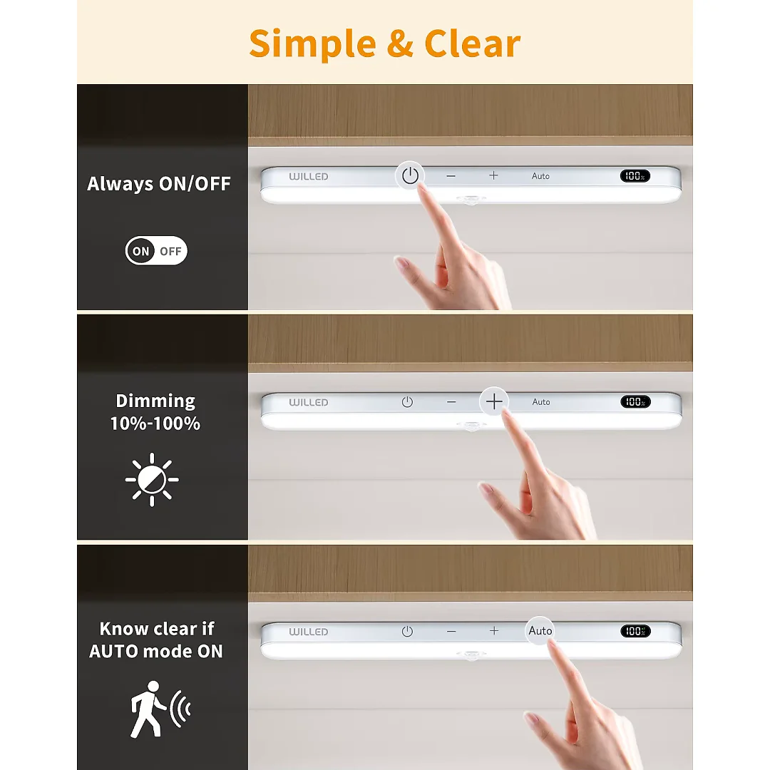 Under Cabinet Lighting Wireless, Rechargeable 60 LED Motion Sensor Closet Light Bars with Battery Display & Touch Control, Cool White