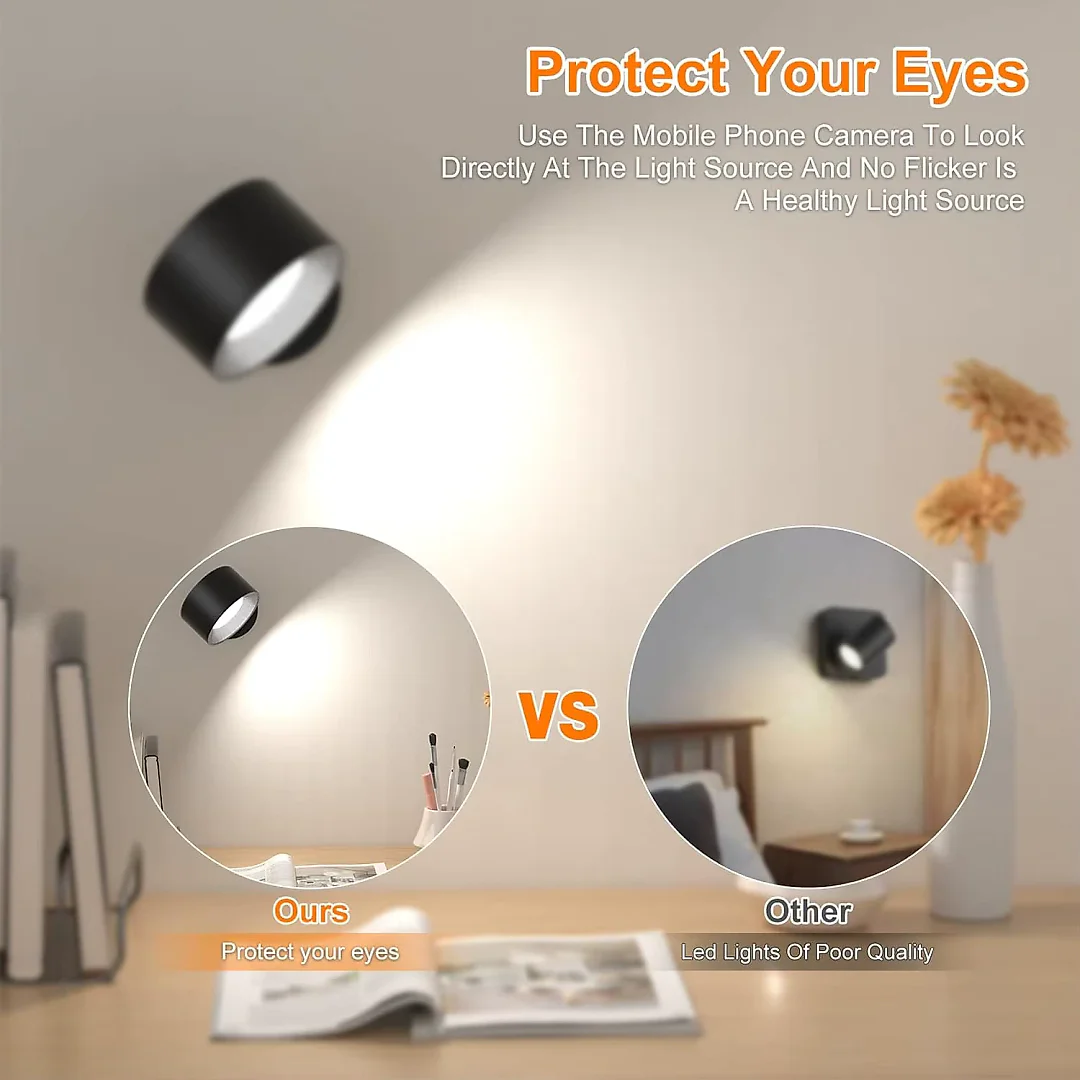 Rechargeable Wall Reading Light with Remote, Magnetic Battery Operated LED Wall Sconce, 360 Degree Rotating, 3 Colors & Dimmable