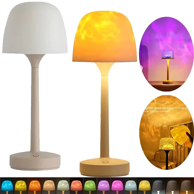Water Ripple Lamp, Rechargeable Mushroom Table Lamp with 16 Colors, Ocean Wave Projector Night Light for Bedroom & Living Room