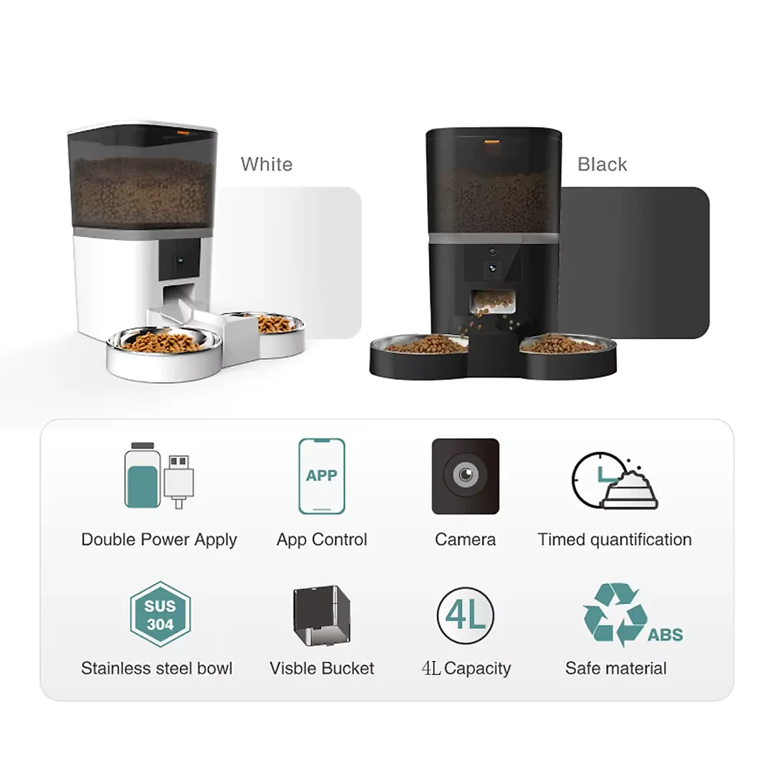 Automatic Cat Feeder with Camera, 4L Smart Pet Feeder with HD Video, App Remote Feeding & Stainless Steel Bowl, White