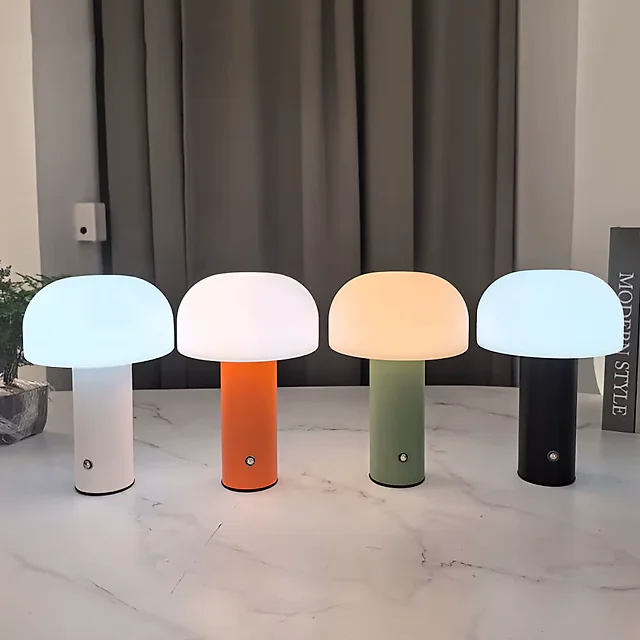 Cordless Mushroom Table Lamp, Rechargeable LED Lamp with 3 Color Temperatures & Dimming, Retro Battery Operated Bedside Lamp