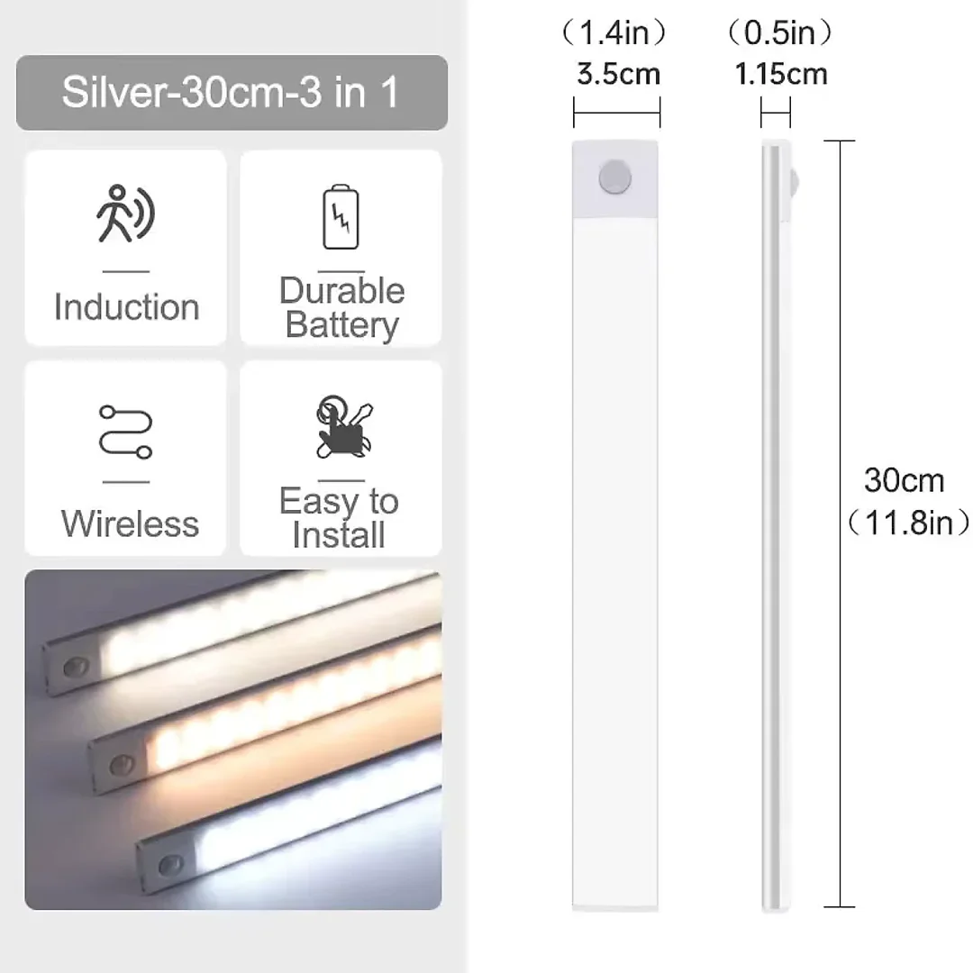 Ultra Slim Under Cabinet Lighting, Battery Operated Rechargeable Motion Sensor LED Bar with Magnetic Mount, 3 Colors & Dimming, USB-C