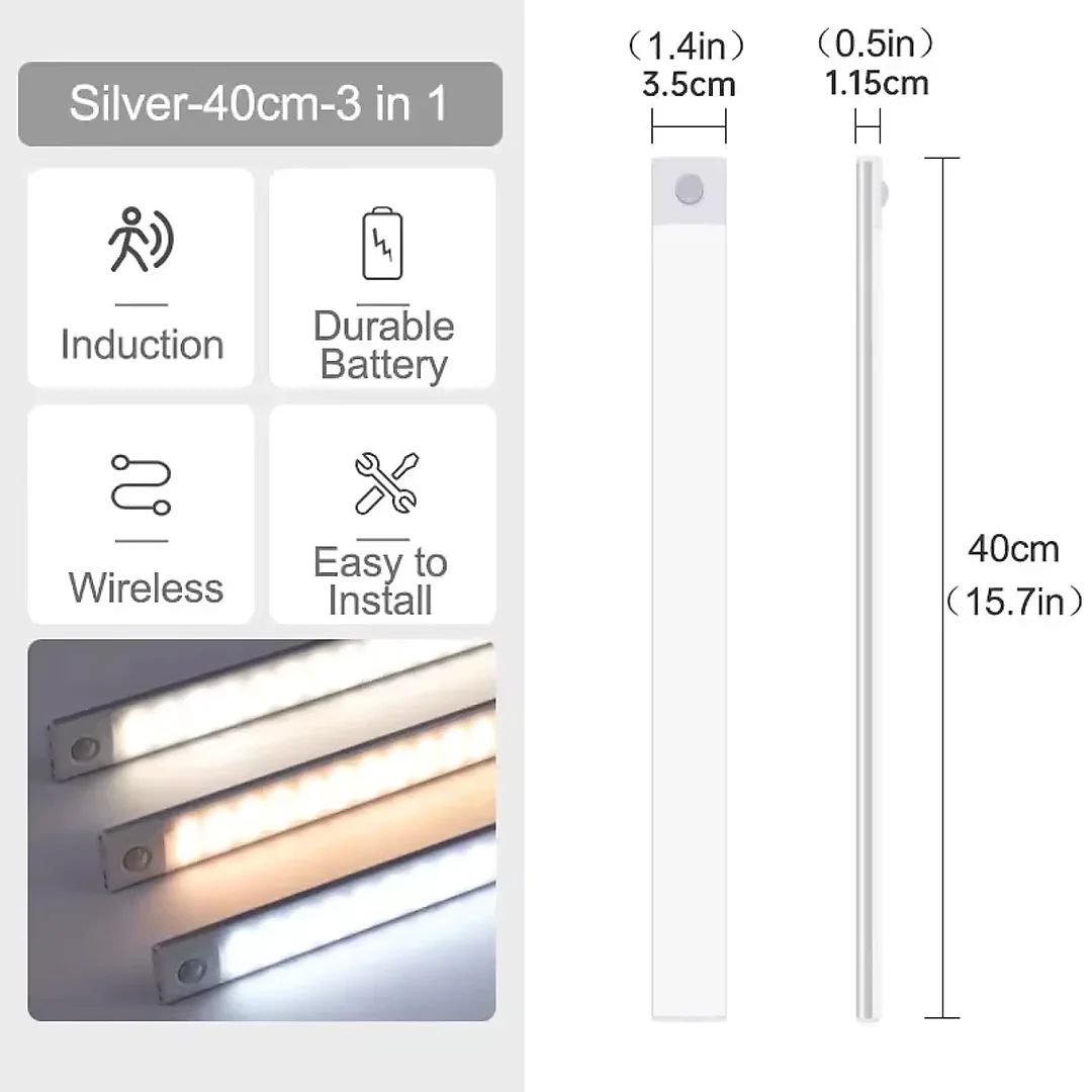 Ultra Slim Under Cabinet Lighting, Battery Operated Rechargeable Motion Sensor LED Bar with Magnetic Mount, 3 Colors & Dimming, USB-C