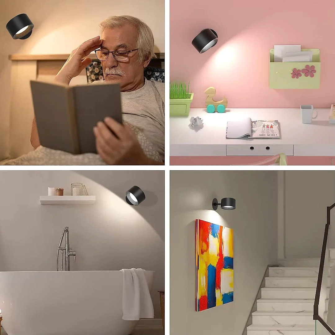 Rechargeable Wall Reading Light with Remote, Magnetic Battery Operated LED Wall Sconce, 360 Degree Rotating, 3 Colors & Dimmable