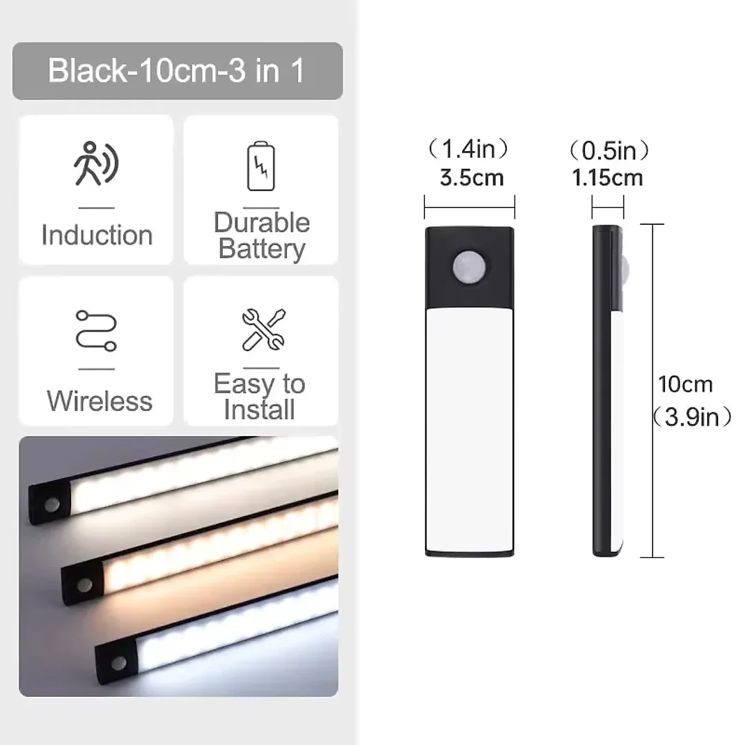 Ultra Slim Under Cabinet Lighting, Battery Operated Rechargeable Motion Sensor LED Bar with Magnetic Mount, 3 Colors & Dimming, USB-C
