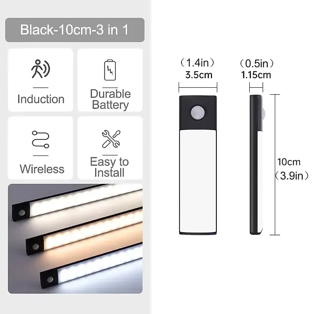 Ultra Slim Under Cabinet Lighting, Battery Operated Rechargeable Motion Sensor LED Bar with Magnetic Mount, 3 Colors & Dimming, USB-C