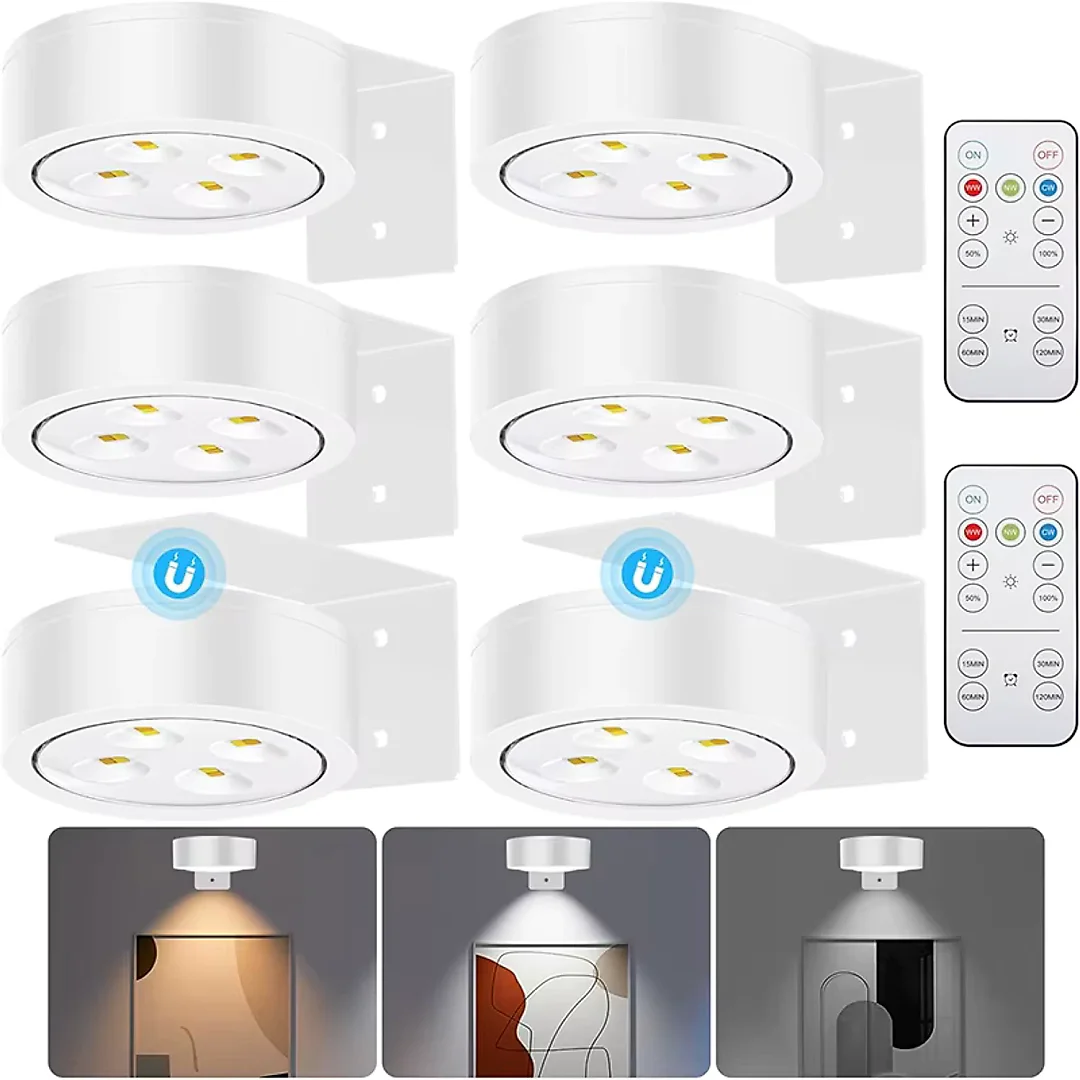 Battery Operated Picture Lights with Remote, Magnetic LED Puck Art Spotlights, Dimmable with Timer & 3 Color Modes, 3-Pack or 6-Pack