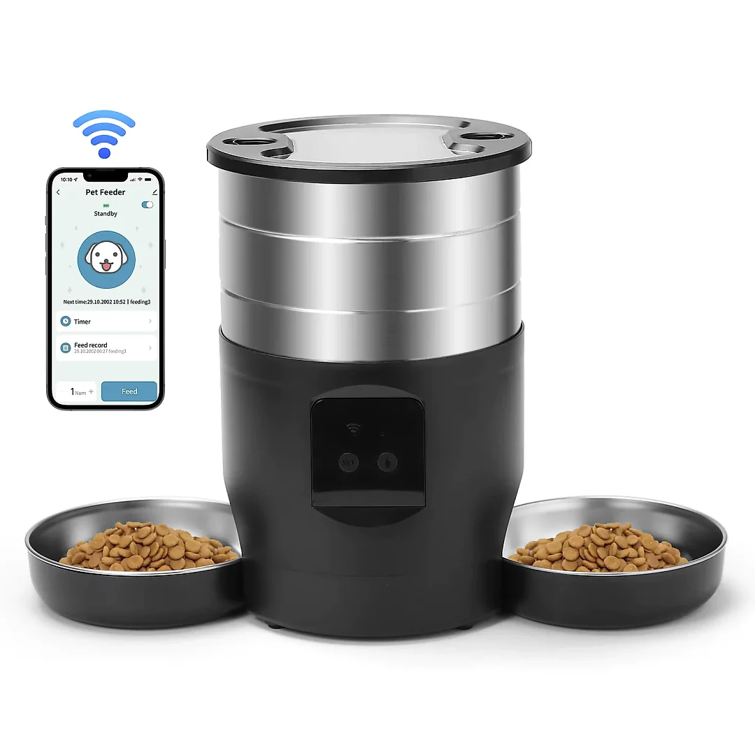 Automatic Cat Feeder for 2 Cats, 4.5L Pet Food Dispenser with Two Stainless Steel Bowls, Wi-Fi App or Button Control