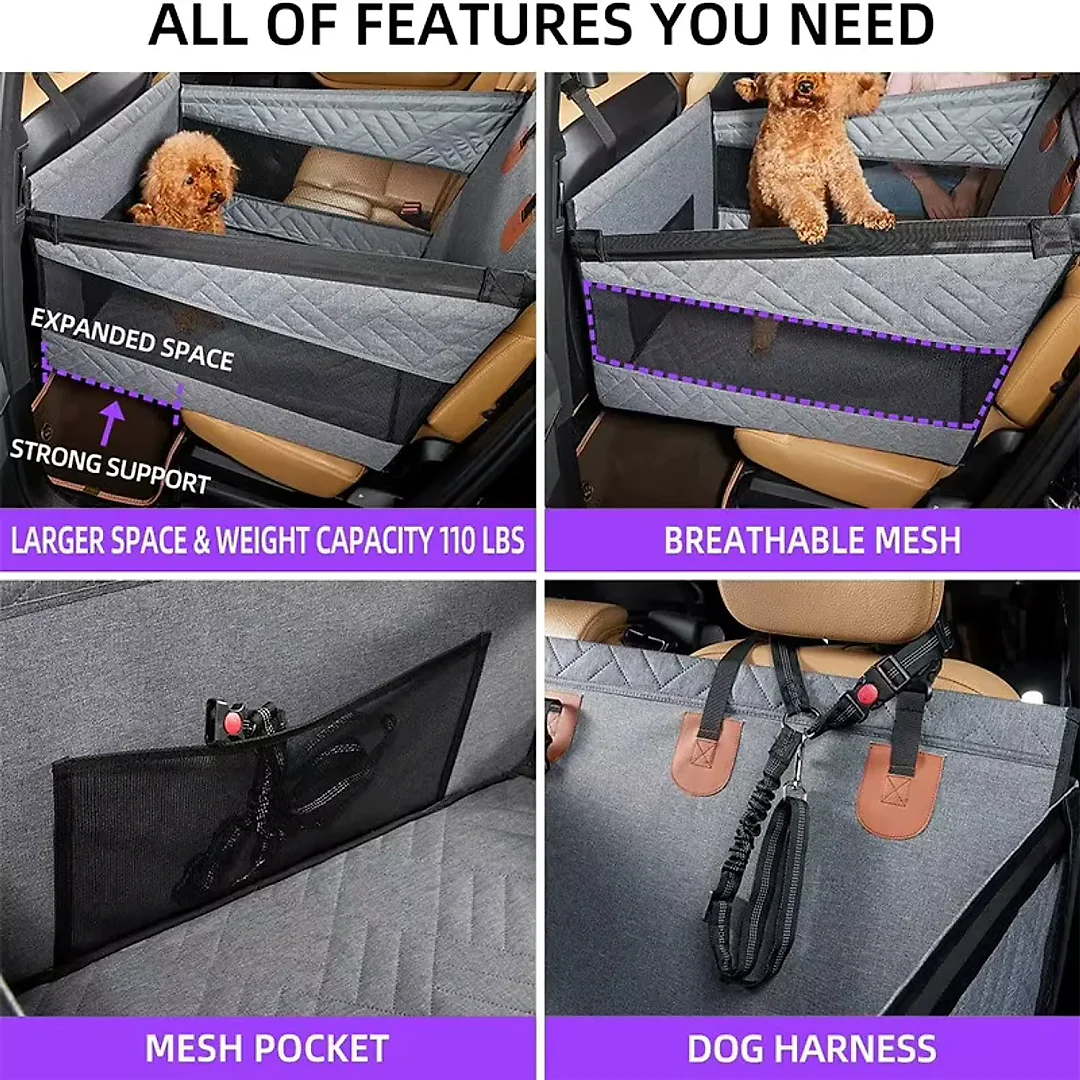 Dog Car Bed for Back Seat, Waterproof Dog Hammock Extender with Nest-Style Sides & Mesh Pocket, Scratchproof Seat Cover