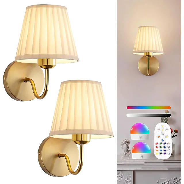 Battery Operated Wall Sconce with Remote, Pleated Shade Rechargeable LED Wall Light, Dimmable with Timer & RGB Colors