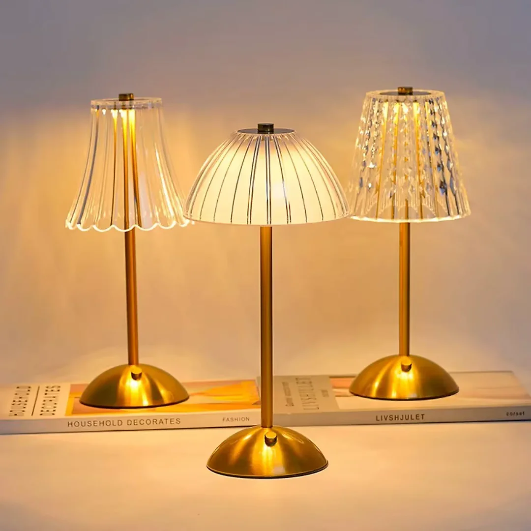 Crystal Table Lamp, Rechargeable Cordless LED Touch Lamp with Crystal-Effect Shade, Battery Operated Gold Bedside Night Light