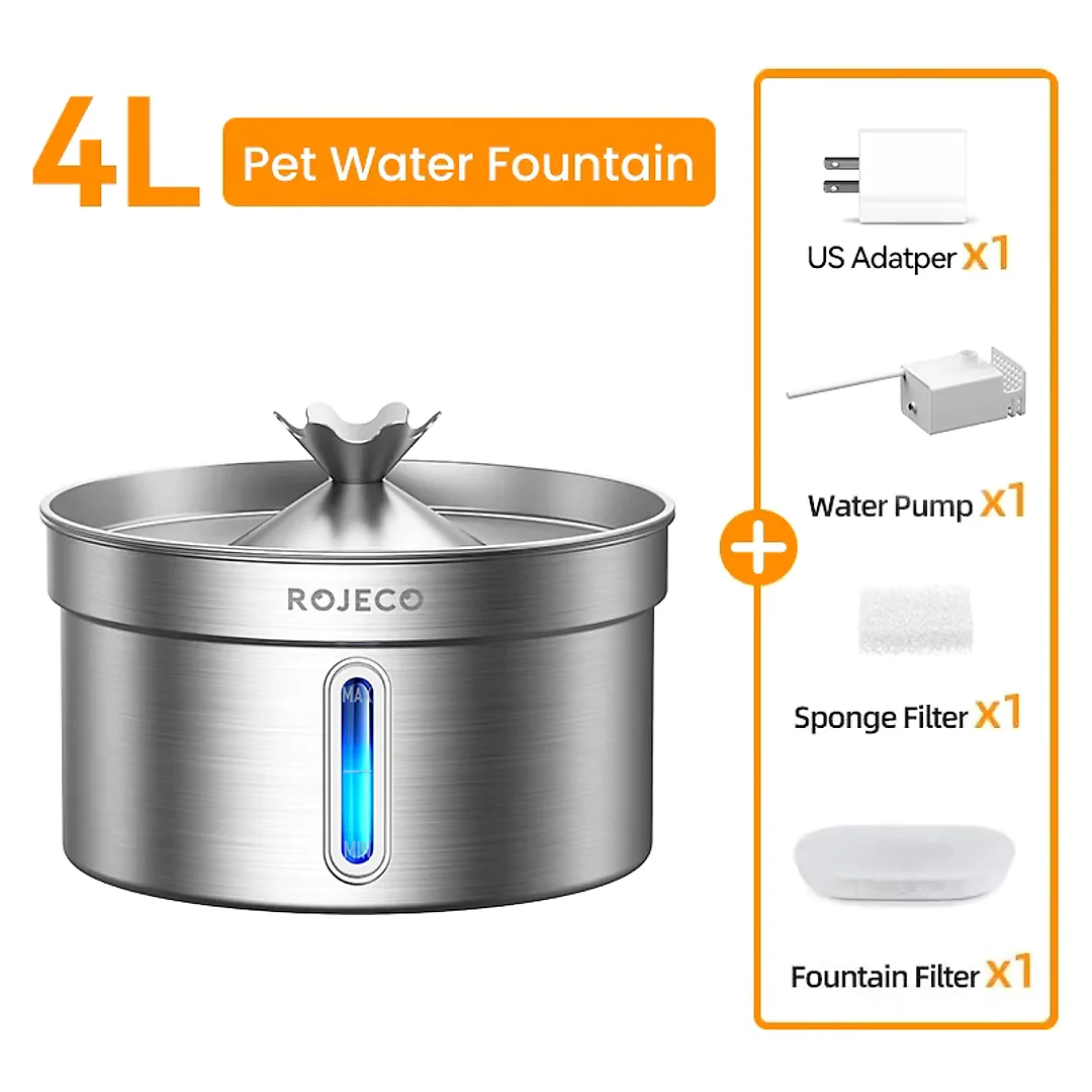 Cat Water Fountain Stainless Steel with US Adapter, Quiet Pet Water Fountain for Cats & Dogs, 2L or 4L
