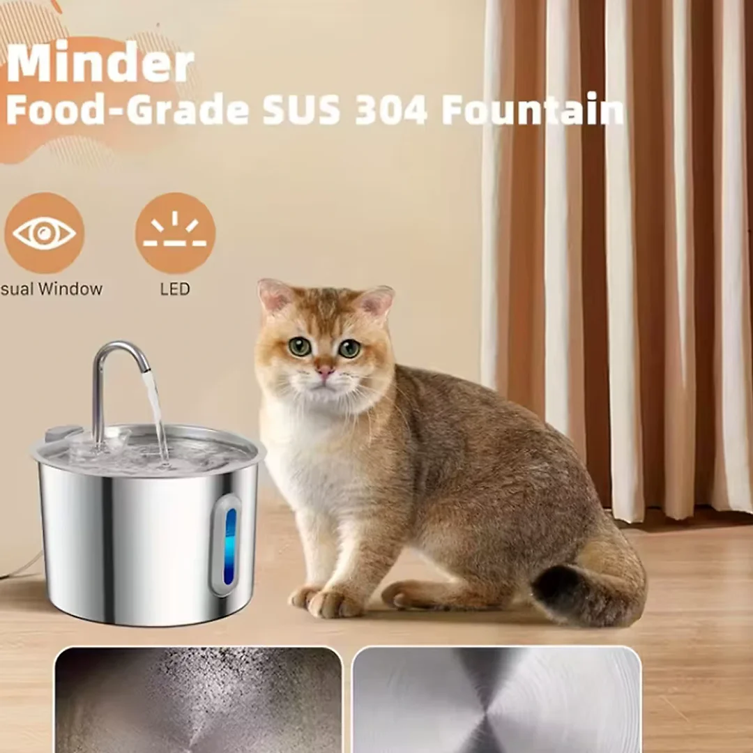 Cat Fountain Stainless Steel 2.2L, Pet Water Fountain with Water Level Window for Cats & Small Dogs, Optional Motion Sensor