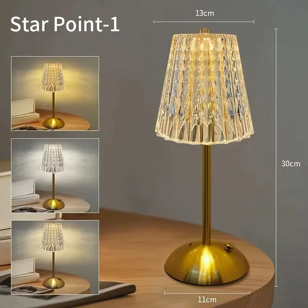 Crystal Table Lamp, Rechargeable Cordless LED Touch Lamp with Crystal-Effect Shade, Battery Operated Gold Bedside Night Light