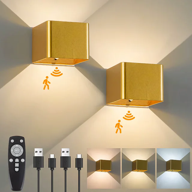 Battery Operated Wall Sconce with Remote & Motion Sensor, Rechargeable 4000mAh LED Cube Wall Light, Magnetic Mount, Gold
