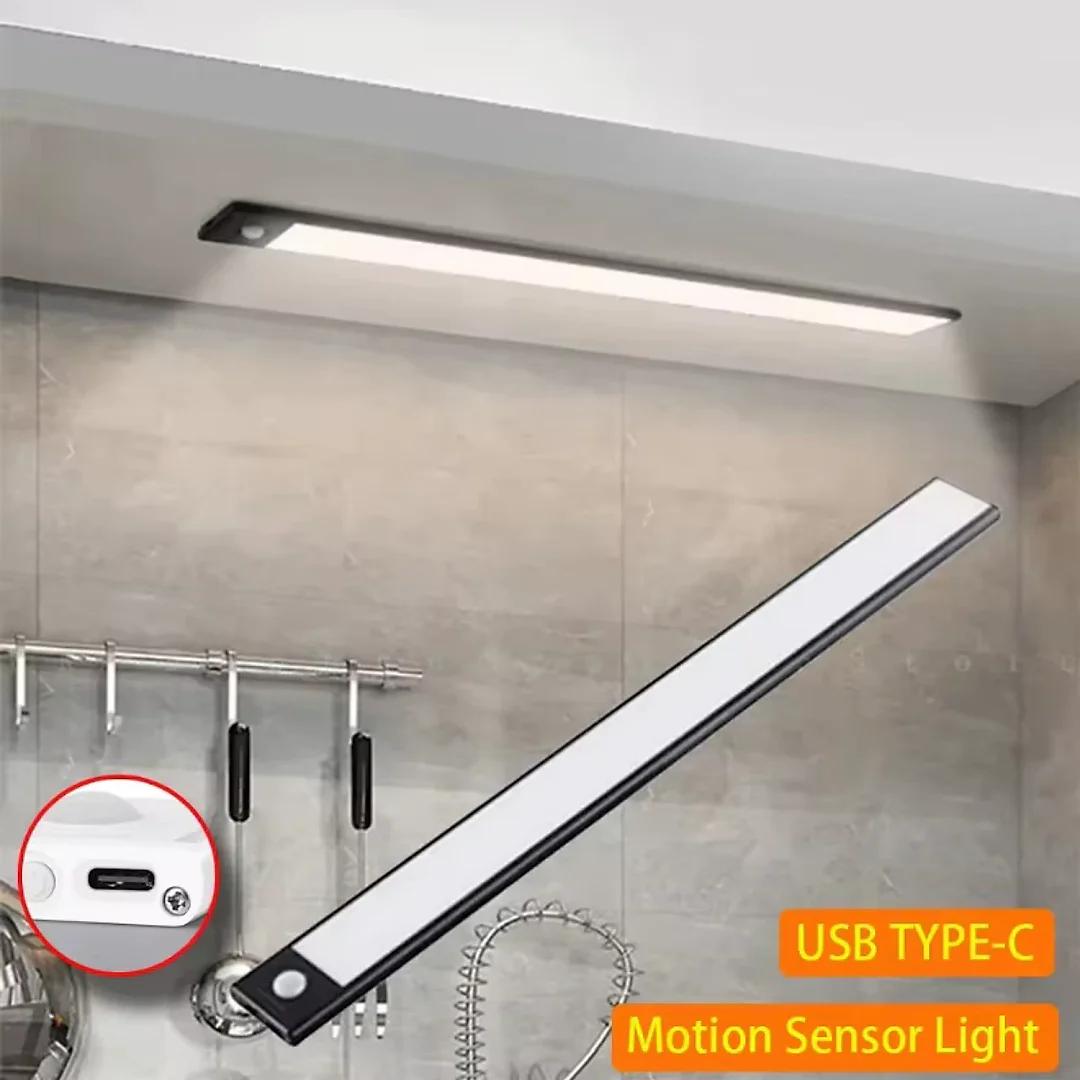 Ultra Slim Under Cabinet Lighting, Battery Operated Rechargeable Motion Sensor LED Bar with Magnetic Mount, 3 Colors & Dimming, USB-C