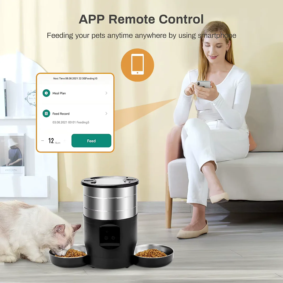 Automatic Cat Feeder for 2 Cats, 4.5L Pet Food Dispenser with Two Stainless Steel Bowls, Wi-Fi App or Button Control