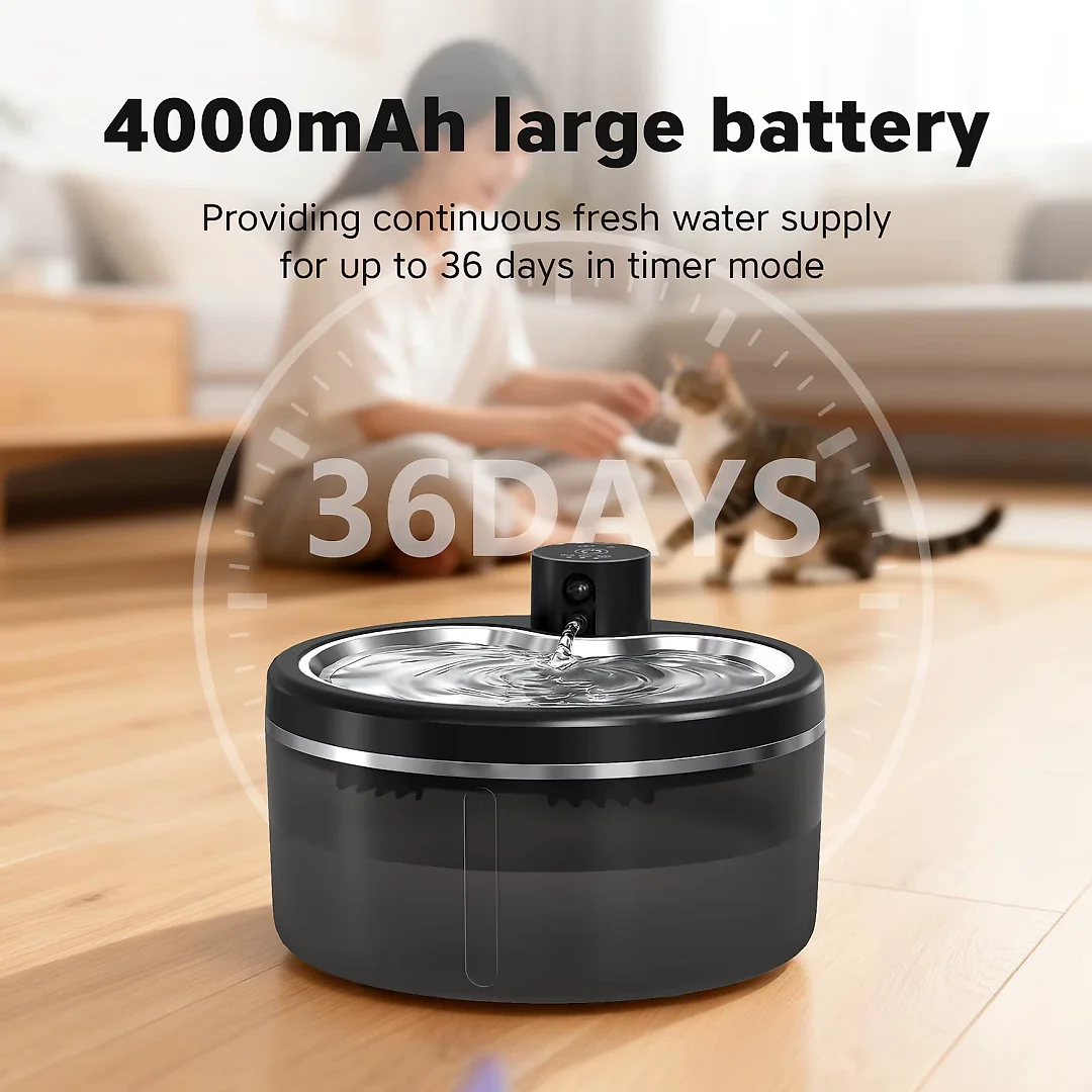 Cordless Cat Water Fountain 3L, 4000mAh Battery Pet Fountain with Motion Sensor & Stainless Steel Tray, Ultra-Quiet, Black