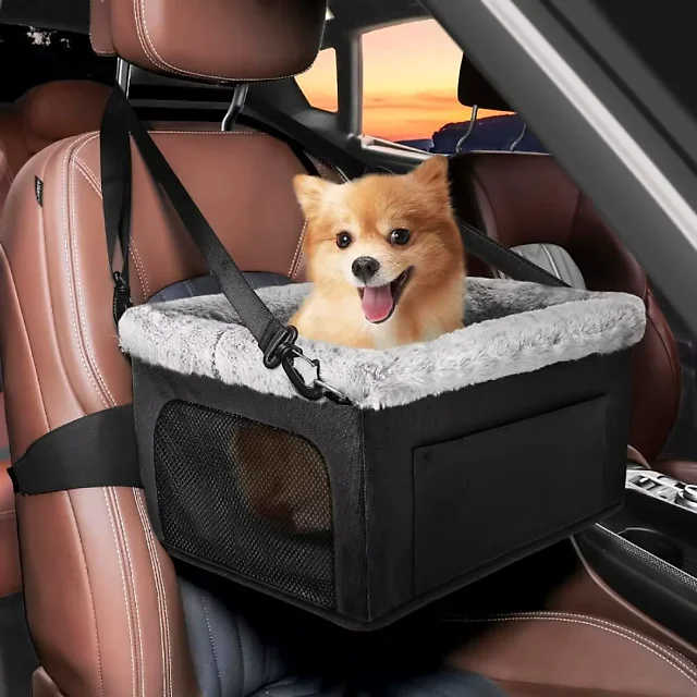Elevated Dog Car Seat for Small Dogs, Console Booster Seat with Metal Frame & Removable Washable Cover, Portable Pet Travel Bed