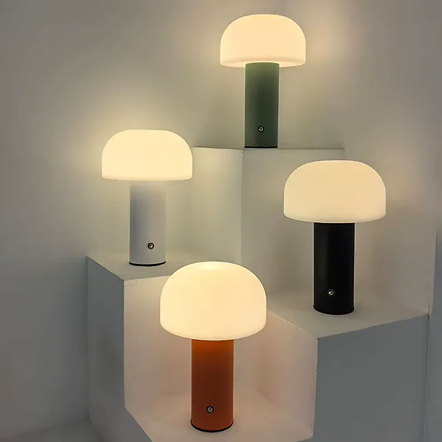 Cordless Mushroom Table Lamp, Rechargeable LED Lamp with 3 Color Temperatures & Dimming, Retro Battery Operated Bedside Lamp