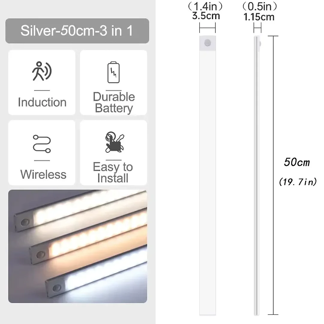 Ultra Slim Under Cabinet Lighting, Battery Operated Rechargeable Motion Sensor LED Bar with Magnetic Mount, 3 Colors & Dimming, USB-C