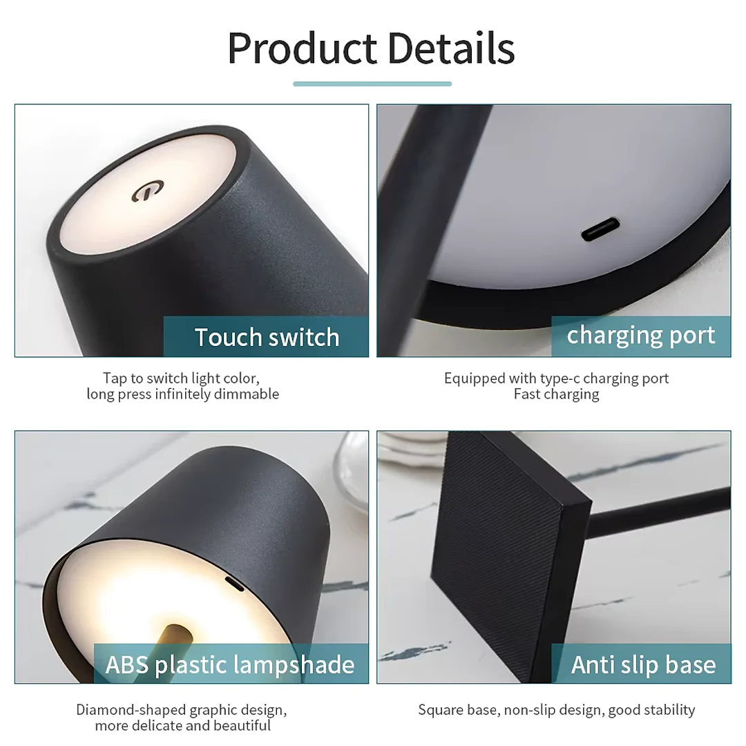 Cordless Table Lamp, Rechargeable LED Touch Lamp with USB-C & 3 Brightness Levels, Battery Operated Bedside & Dining Table Lamp