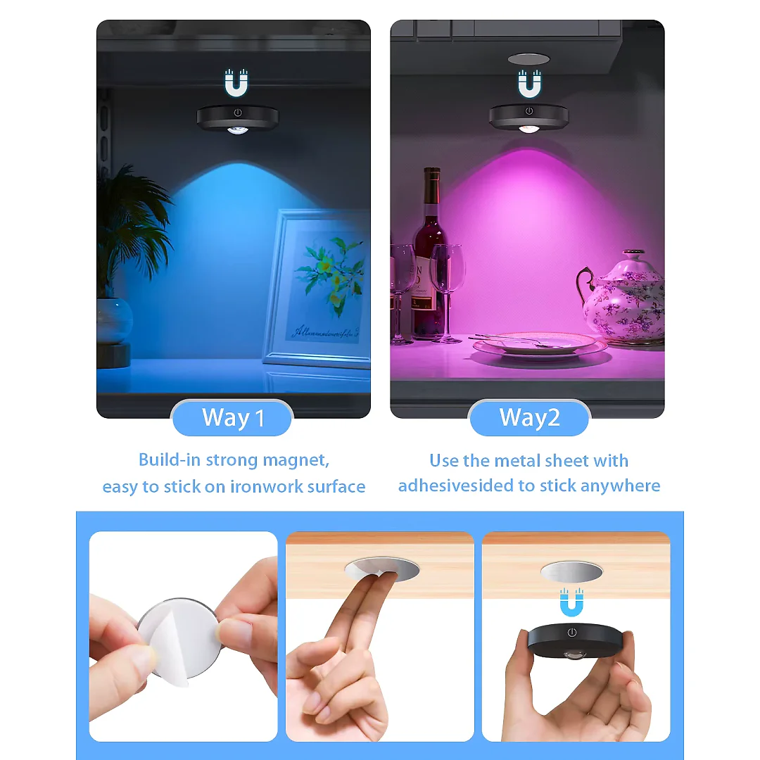 Rechargeable Puck Lights with Remote, Wireless RGB LED Under Cabinet Lighting with Timer & Touch Control, Stick-On Closet Lights, 3 or 6-Pack