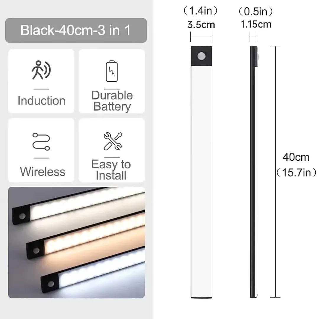 Ultra Slim Under Cabinet Lighting, Battery Operated Rechargeable Motion Sensor LED Bar with Magnetic Mount, 3 Colors & Dimming, USB-C